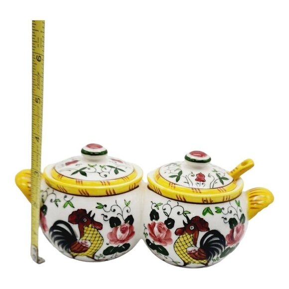 Py Early Provincial Rooster and Roses Double Condiment Jars Spoon Ucago Folk Art - Picture 6 of 9